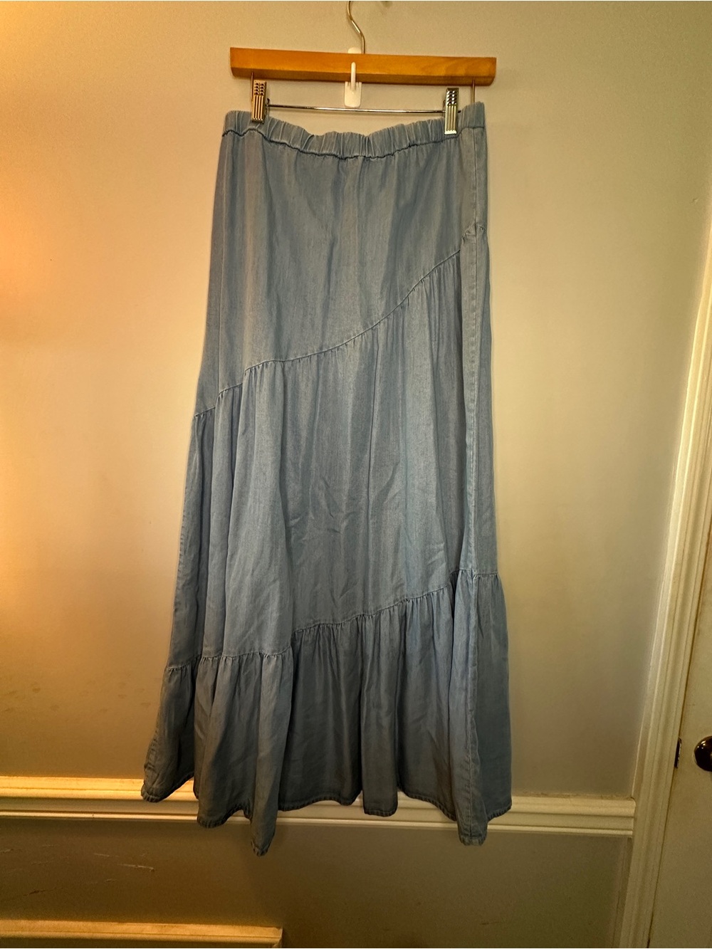 Tasha Polizzi Light Blue Tiered Denim Maxi Skirt
